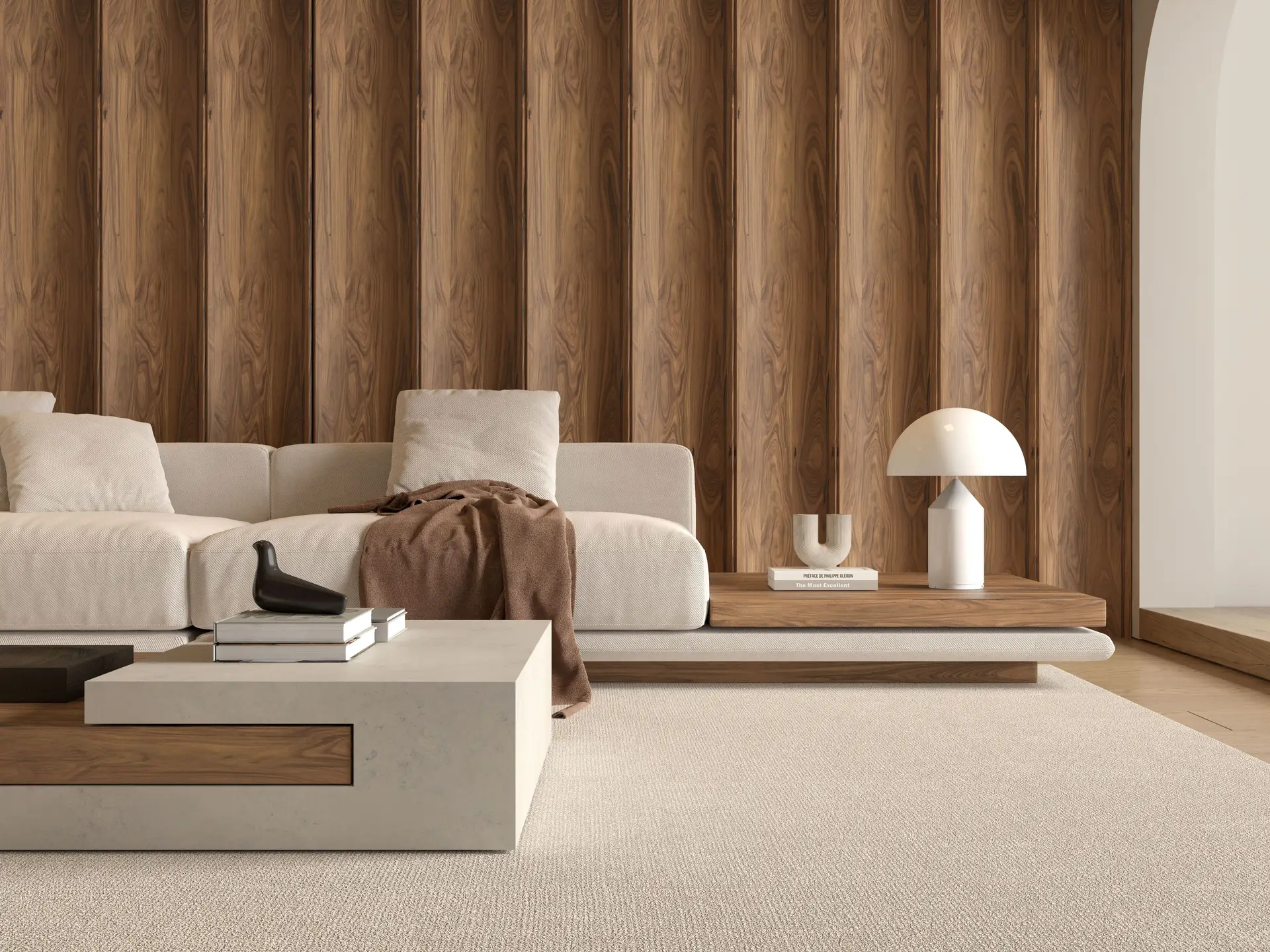 Helhetlig skandinavisk interiørdesign med moderne sofa og integrert belysning